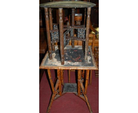 An Eastern brass topped Benares table on folding stand; together with a bamboo square section two tier occasional table (2)