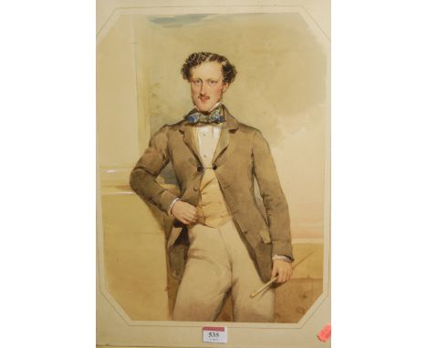 J Rockard - Three quarter length portrait of a gentleman, watercolour with body colour, signed and dated lower left 1850, 39 