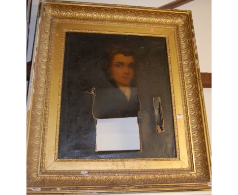 19th century English school - head and shoulders portrait of a gentleman, oil on canvas, 75x63cm (complete but badly torn in 