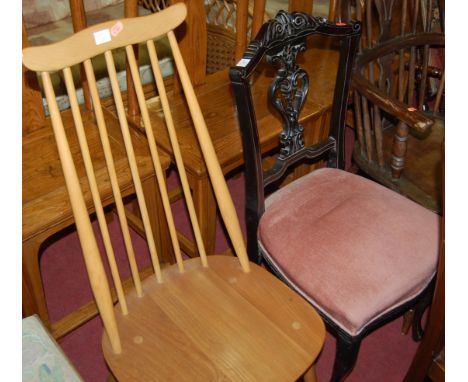 An Ercol blond elm stickback single dining chair; together with an Edwardian mahogany salon chair; and a footstool (3)