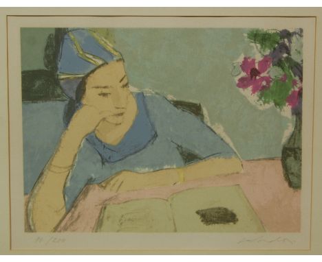 A contemporary lithograph - Female portrait; and Sunset scene, watercolour (2) 