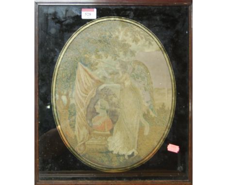 A 19th century silkwork panel commemorating the death of George III, framed as an oval, 32 x 25cm
