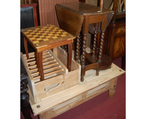 Occasional furniture to include; modern pine coffee table, oak barley twist gate leg occasional table, and a chess board topp