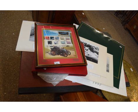 Motoring interest - a mixed lot, Jaguar cars calendars 1987, 1989, 1990, framed British Motoring stamps, Michael Cooper photo