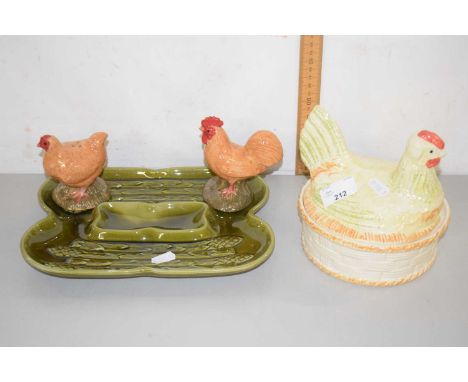 Mixed lot - chicken salt and pepper pot, egg container and an asparagus dish
