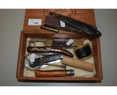 Box of assorted pocket knives, cut-throat razor etc