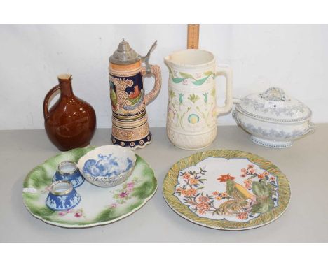 Mixed Lot: Decorative plates, small Jasper ware salt pot, sauce tureen, beer stein and other ceramics