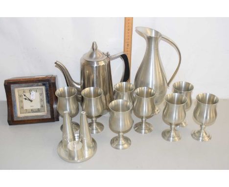 A quantity of vintage stainless steel goblets, tea wares, cruet set and a further oak cased mantel clock