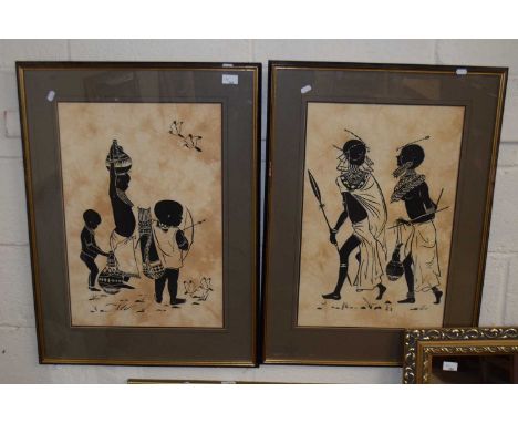 Pair of monochrome prints, tribal figures, together with a further study of a beach scene (3)