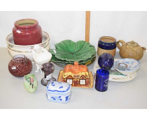 Mixed lot - various decorated plates, glass piggy bank, cottage shaped butter dish and other items