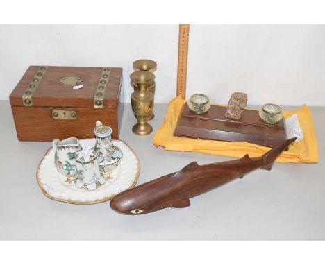 Mixed lot - desk stand mounted with granite from  The Old London Bridge, a small jewellery box, pair of brass vases, model sh