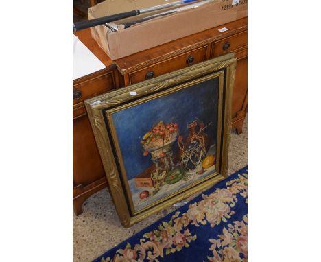 20th century still life study, Flagon, Ginger jar and other items on a table, oil on canvas, unsigned, gilt framed