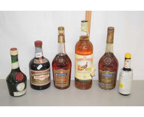 Mixed lot - 1 ltr Famous Grouse whisky, together with Martel Cognac and others (6 bottles)