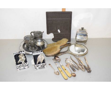 Mixed Lot: Silver backed dressing table brush and mirror set (a/f) together with nut crackers, bottle openers, various pewter