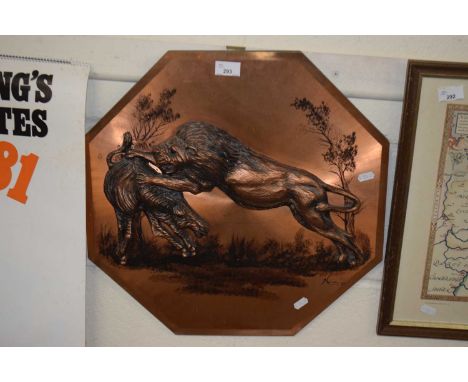 Octagonal copper finish wall plaque, Hunting Lions