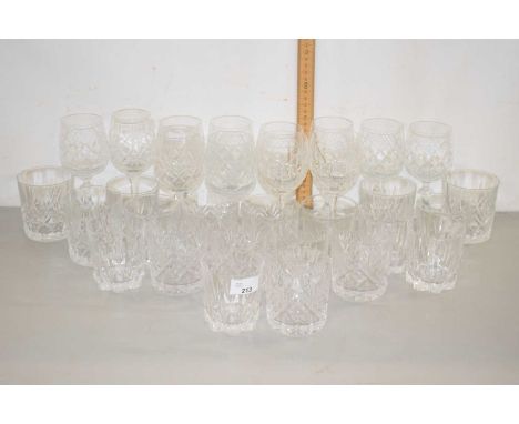 Group of various clear cut glass tumblers and wine glasses