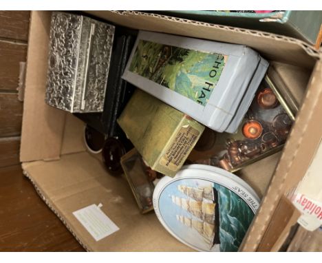 A mixed box to include pot lids, harmonicas, white metal trinket box, camera etc 