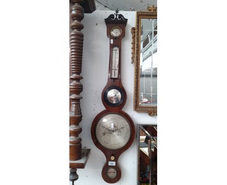 A late Georgian banjo barometer in mahogany case with thermometer and convex glass mirror. 