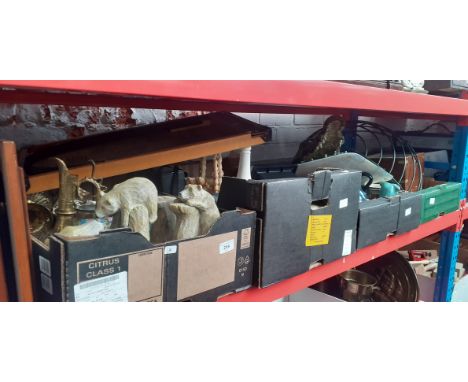 4 boxes of various items including pottery, ornaments, a water feature, metal ware, treen, a taxidermy style croc head, pictu