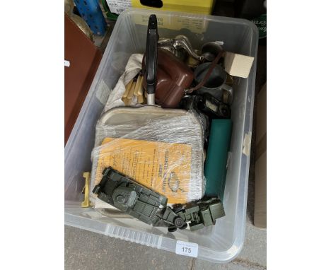 A box of collectables including Dinky Centurion Tank, epns, camera, pewter tankard etc . 