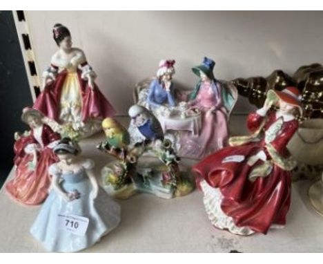 Various figurines - Adderley Double Budgerigar, 5 Royal Doulton style figures (all with felt glued to bases)