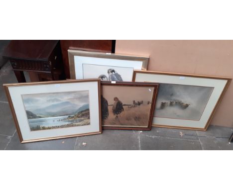 Various pictures and prints including a watercolour, 'Crummack Water' signed 'Keith Burtonshaw', a print after Joseph Farquha