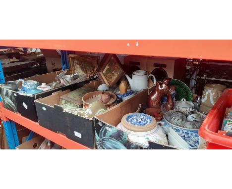 Three boxes of mixed ceramics and glass including vintage pottery, Wedgwood, Poole Pottery bowl, etc. 