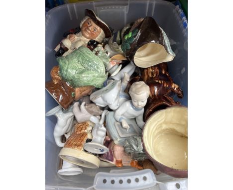 A box of ceramics to include Lladro, Nao, Spode Doulton character jugs, et. and a box of crested ware.