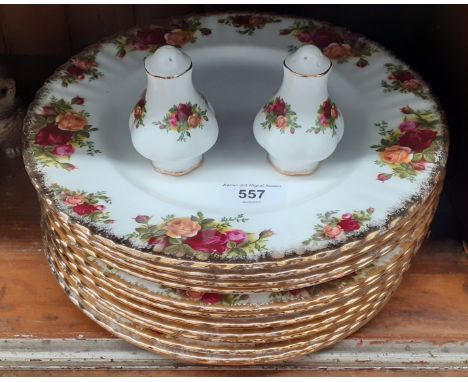 Royal Albert Old Country Roses 12 dinner plates (first quality) with salt and pepper shakers 