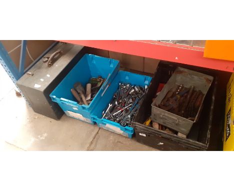 3 crates and 1 galvanised trough of various tools together with an empty joiner's box. 