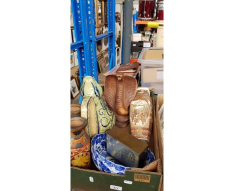 A collection of ceramics / pottery items including a pair of Oriental vases, a blue and white bowl, pair of wooden vases with