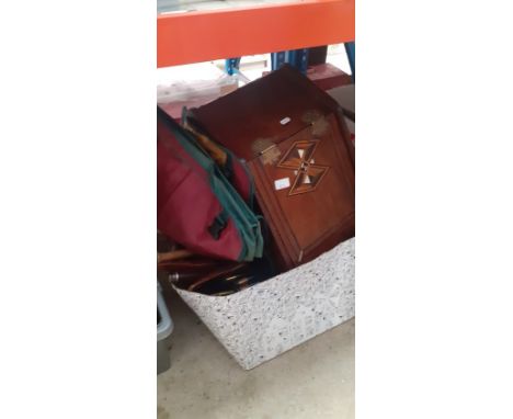 Two boxes of misc. items including tools, Indian clubs, etc and a wooden coal bucket and a bag of Phoenix oven glass ware.