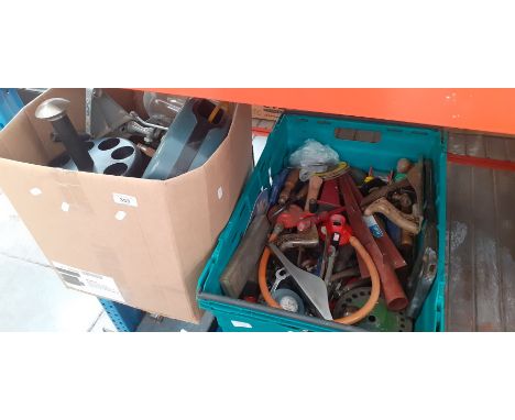 Two boxes of various tools, garage ware to include plane, retractable air hose reel, etc. 
