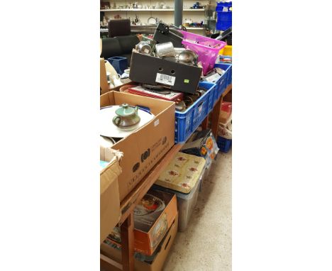 13 boxes of various items to include metalware, vintage typewriter, glassware, blankets and ceramics etc. 