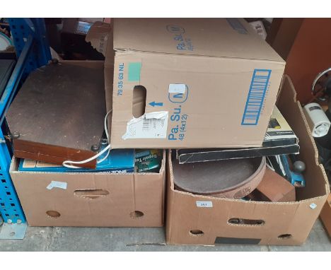 Three boxes of misc items including tools, glassware, cutlery box (empty), multimeter, oil can etc 