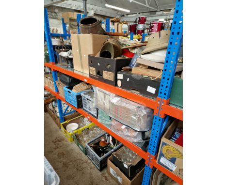 9 boxes of assorted items to include metal ware, 2 vintage pith helmets, brassware, copperware, portable typewriter, old tins