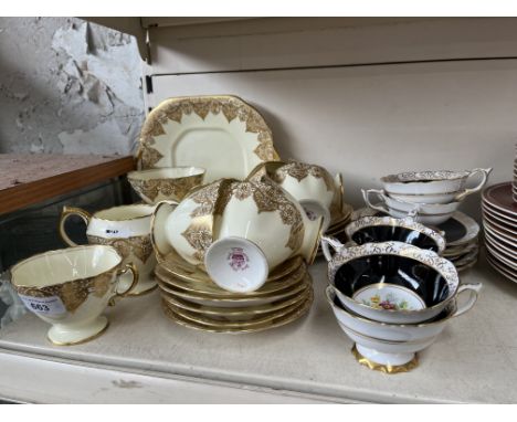 Hammersley tea set in yellow and gold - appx 35 pieces, together with 6 cups and saucers by Royal Stafford 