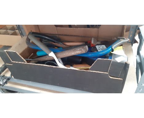 2 bundles of garden tools, a box of tools and an electric strimmer 