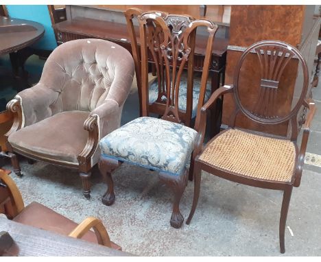 Various items of furniture; a Sheraton style mahogany side table, a pair of Chippendale style chairs, a Victorian button back