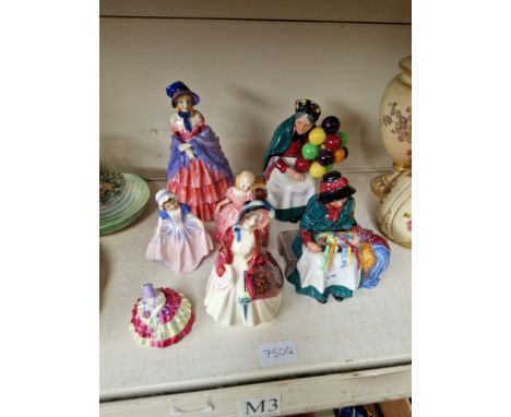 A group of 7 Royal Doulton figurines to include balloon seller, silk &amp; ribbons and Paisley shawl etc. 