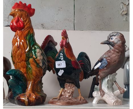 Beswick Leghorn cock (1892)height appx 24 cm length appx 24cm, Goebel Jay, height appx 24cm, and large cockerel figure appx 3