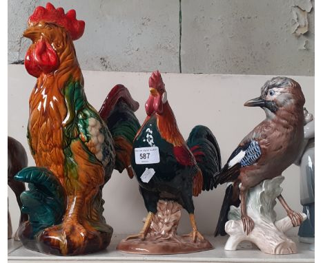 Beswick Leghorn cock (1892)height appx 24 cm length appx 24cm, Goebel Jay, height appx 24cm, and large cockerel figure appx 3