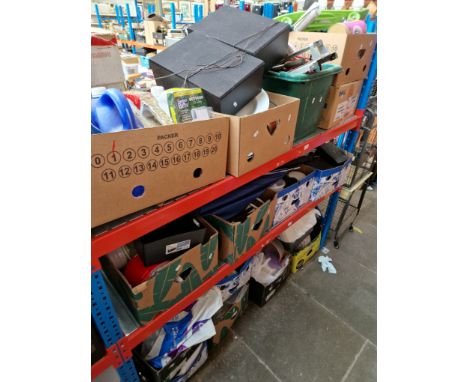 15 boxes of mixed items on 3 shelves including garage ware,  ceramic tiles, kitchen ware, tools, skateboard, umbrellas, garde