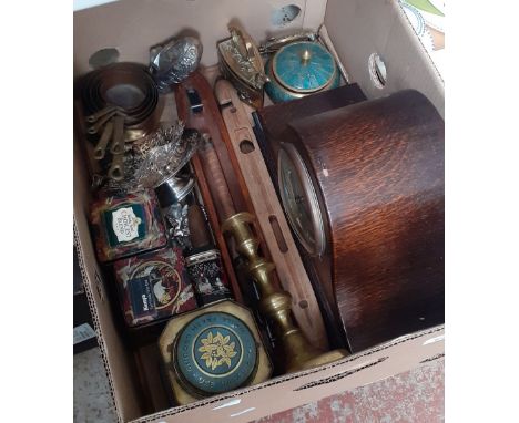 Assorted items including set of miniature copper pans, Westminster chime clock with key, assorted metal wares etc. 