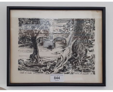 Sheila M Webster (British 20th century), pen and ink drawing, 'Crook of Lune', signed 'Sheila M Webster 73' to lower right, f