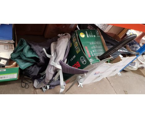 A rucksack, camping chairs, a Bosch electric chainsaw and two boxes of garden and garage items, etc. 