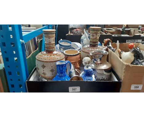 A mixed lot of pottery including blue and white ware, Katzhutte ceramic bookends, pair of Mettlach vases, Shakespeare charact