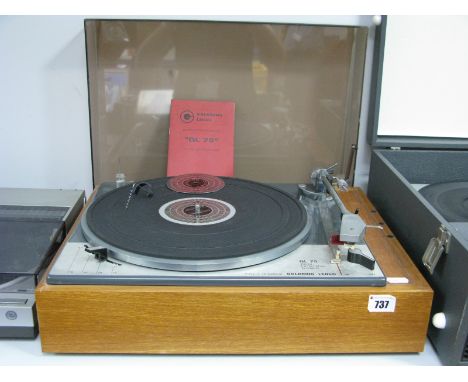 A Goldring Lenco GL 75 Stereo Transcription Turntable, a Shure M44-7 cartridge, Lenco manual etc, (hood edge damage) - untest