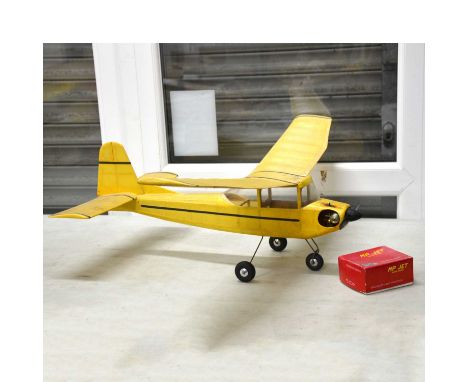 Yellow sports FF model aircraft, wingspan 99cm (39 inches), trike undercarriage powered by MP Jet 040 PB diesel engine.