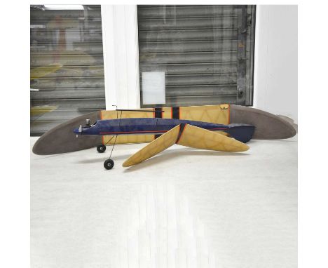 Blue v-tail vintage FF model aircraft, wingspan 145cm (57 inches), powered by Mills MK II 1.3cc diesel engine, built by Jack 
